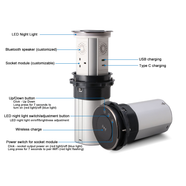 OEM/ODM Customize motorized pop up power kitchen sockets tabletop tower sockets with USB A+C charging sockets