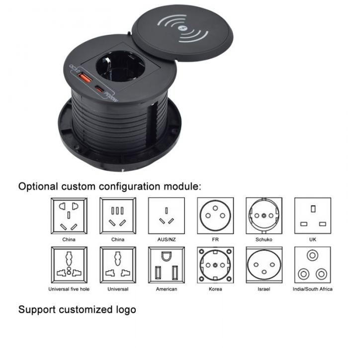 new design office furniture round qi wireless charger with EU power outlet & usb a+c for sofa coffee table charging station