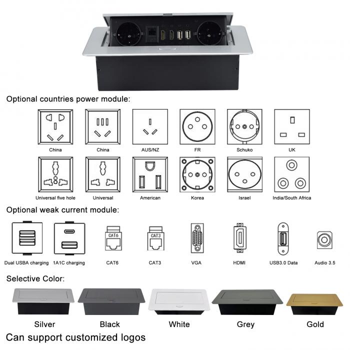 OEM/ODM Factory Pop up Socket with EU Power Outlet Embedded Tabletop IP44 2 AC Outlets RJ45 Network and HDMI plug