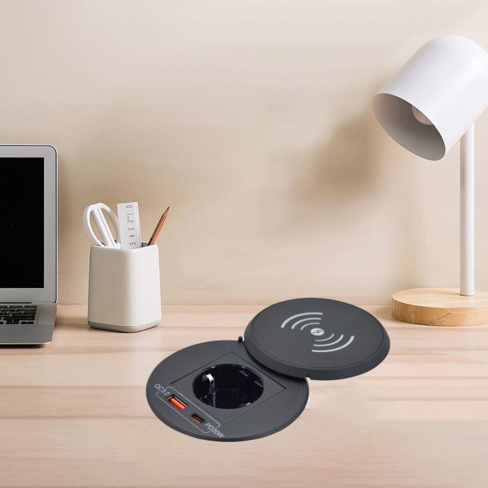 new design office furniture round qi wireless charger with EU power outlet & usb a+c for sofa coffee table charging station